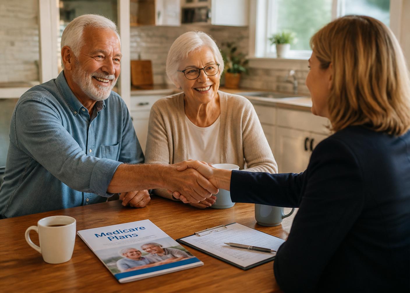 Agent shaking hands with a senior couple after enrolling them in a Medicare plan
